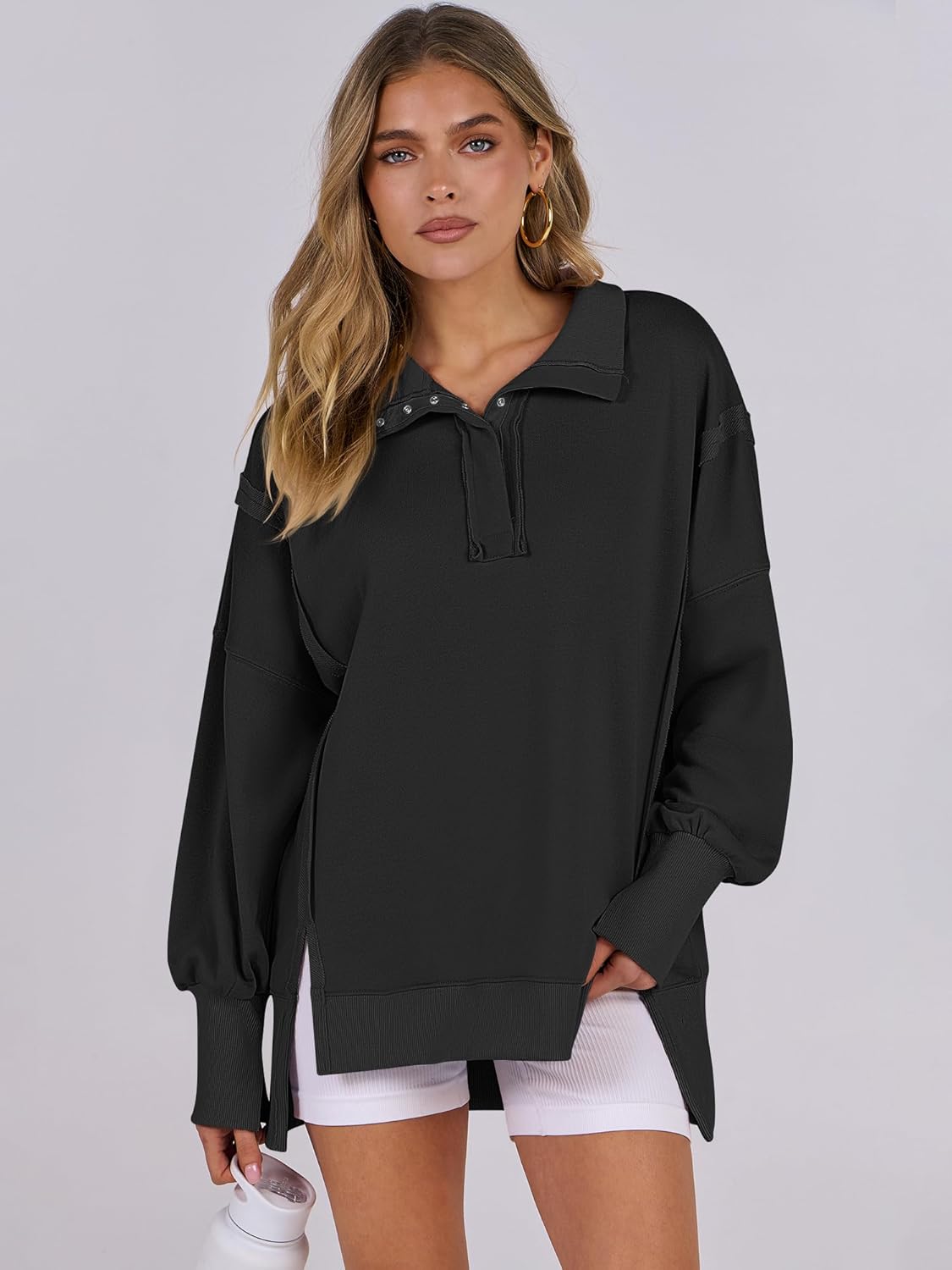Women's Oversized Casual Loose Button Up Henley Pullover Sweatshirts