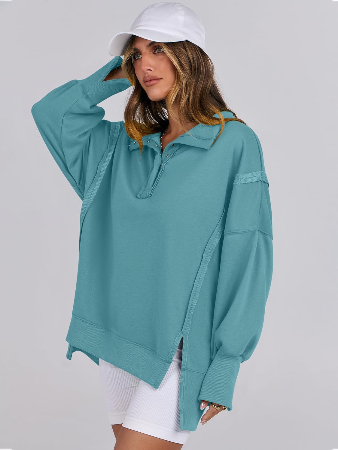 Women's Oversized Casual Loose Button Up Henley Pullover Sweatshirts