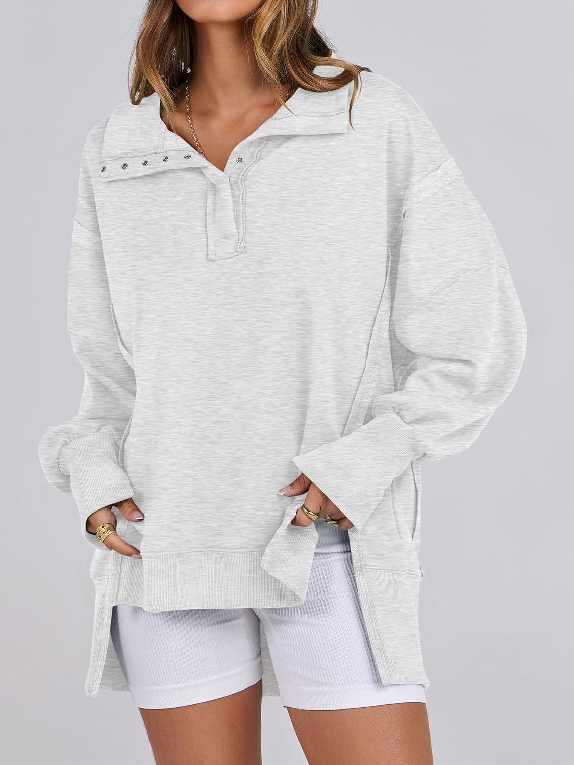 Women's Oversized Casual Loose Button Up Henley Pullover Sweatshirts