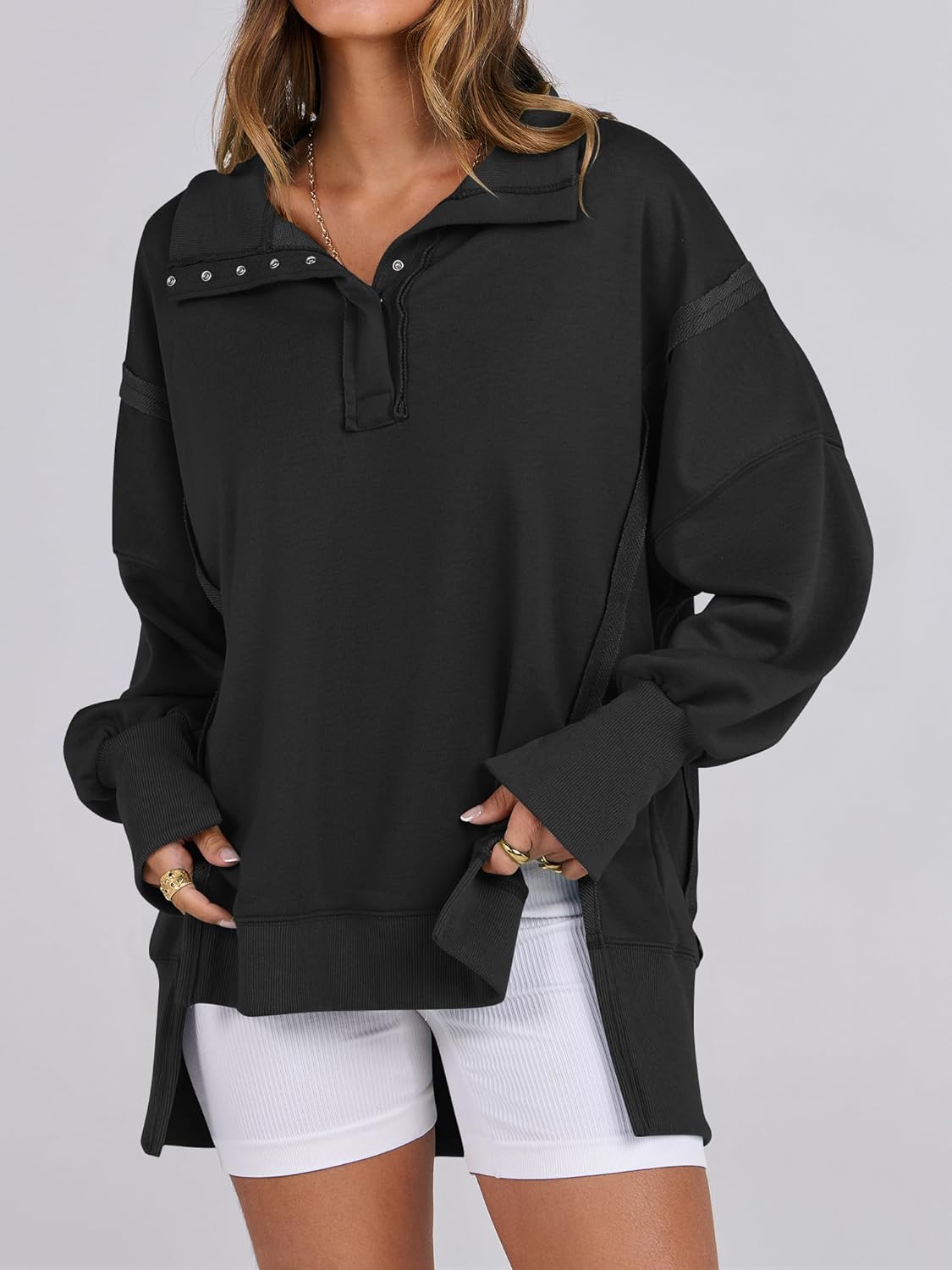 Women's Oversized Casual Loose Button Up Henley Pullover Sweatshirts