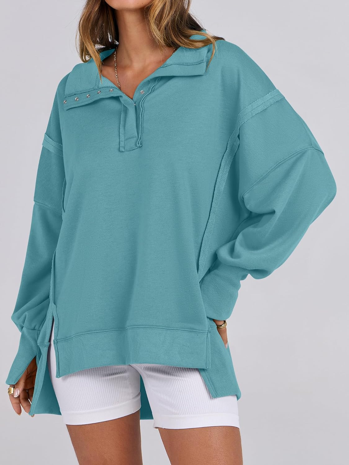 Women's Oversized Casual Loose Button Up Henley Pullover Sweatshirts