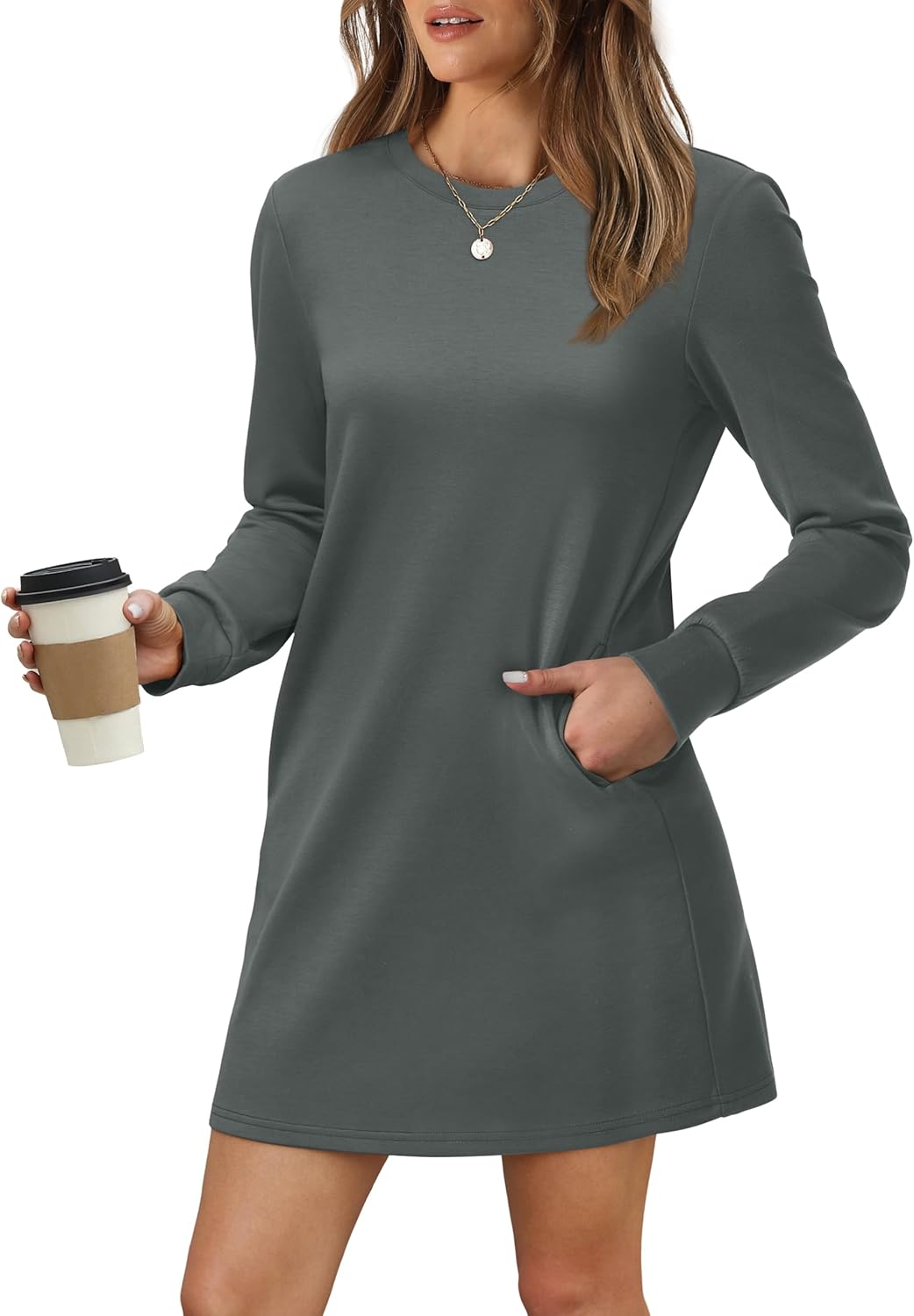 Women Long Sleeve Casual Crewneck Mini Dress with Pockets