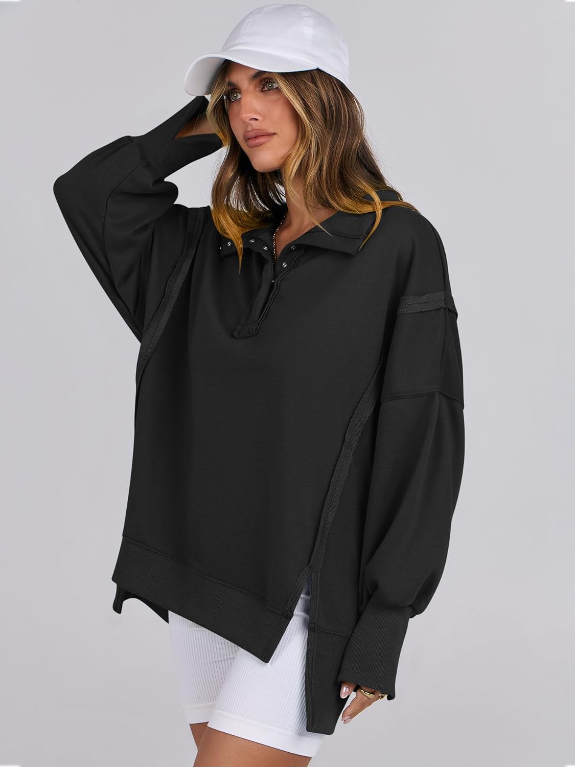 Women's Oversized Casual Loose Button Up Henley Pullover Sweatshirts