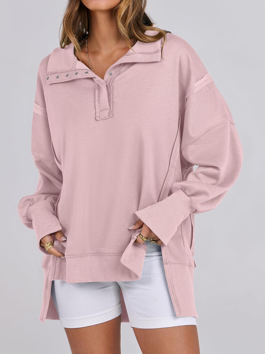 Women's Oversized Casual Loose Button Up Henley Pullover Sweatshirts