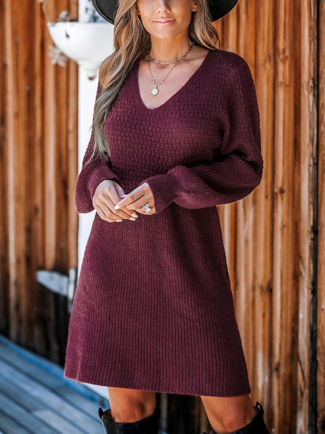 Honeycomb Knit V-Neck Mini Sweater Dress