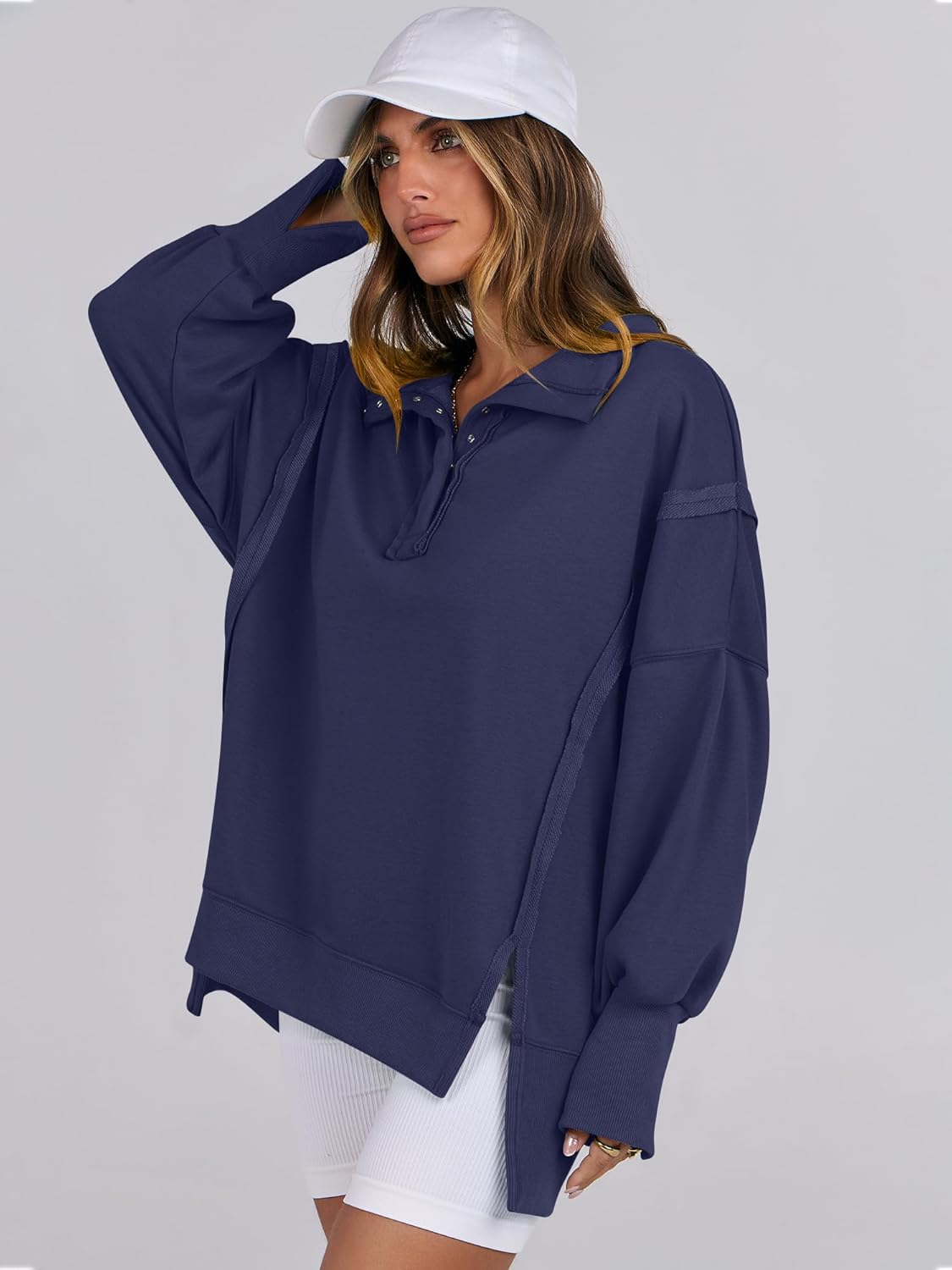 Women's Oversized Casual Loose Button Up Henley Pullover Sweatshirts
