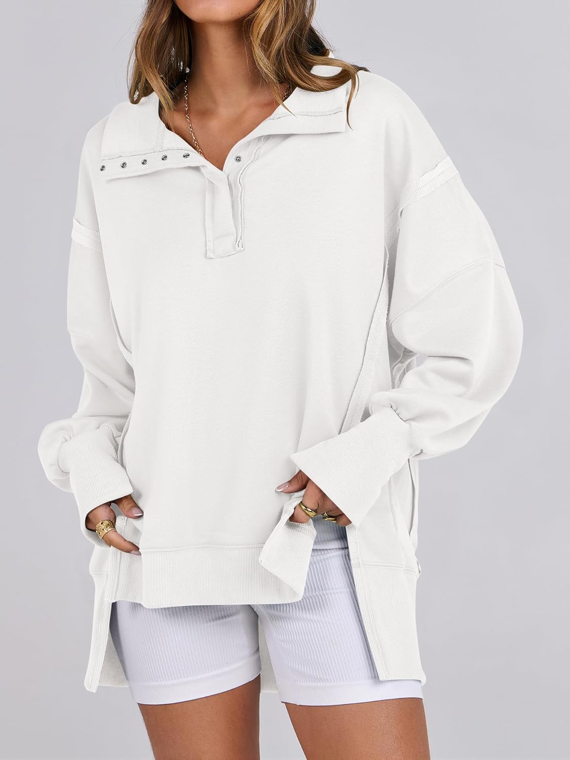 Women's Oversized Casual Loose Button Up Henley Pullover Sweatshirts