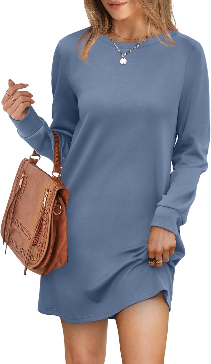 Long Sleeve Casual Loose Fit Fall Fashion Crewneck Mini Dress with Pockets