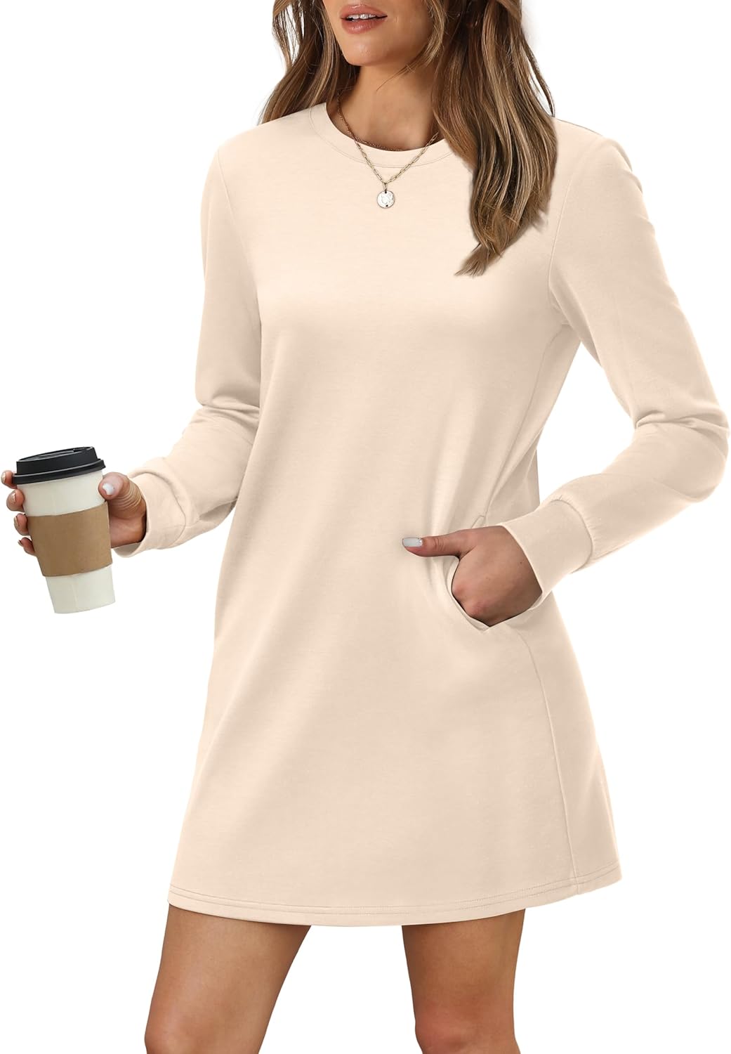 Women Long Sleeve Casual Crewneck Mini Dress with Pockets