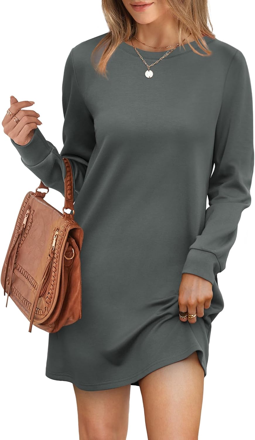 Long Sleeve Casual Loose Fit Fall Fashion Crewneck Mini Dress with Pockets