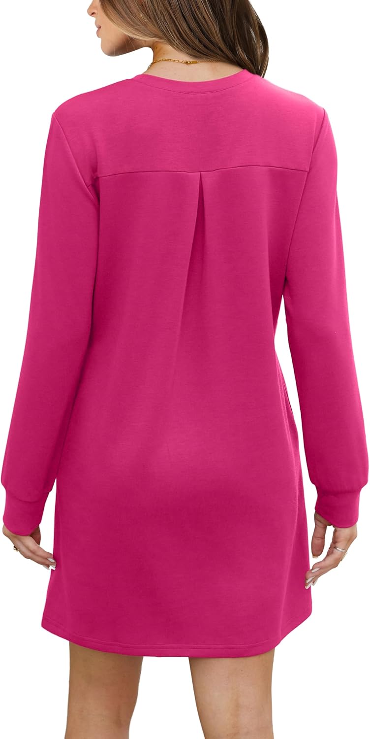 Women Long Sleeve Casual Crewneck Mini Dress with Pockets