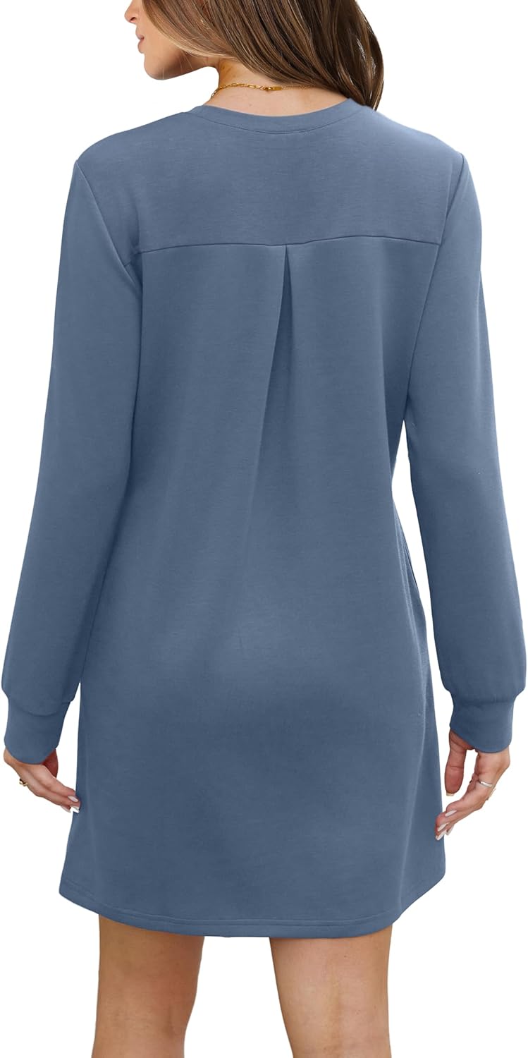 Women Long Sleeve Casual Crewneck Mini Dress with Pockets