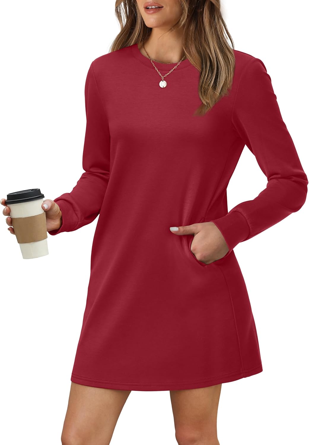 Women Long Sleeve Casual Crewneck Mini Dress with Pockets