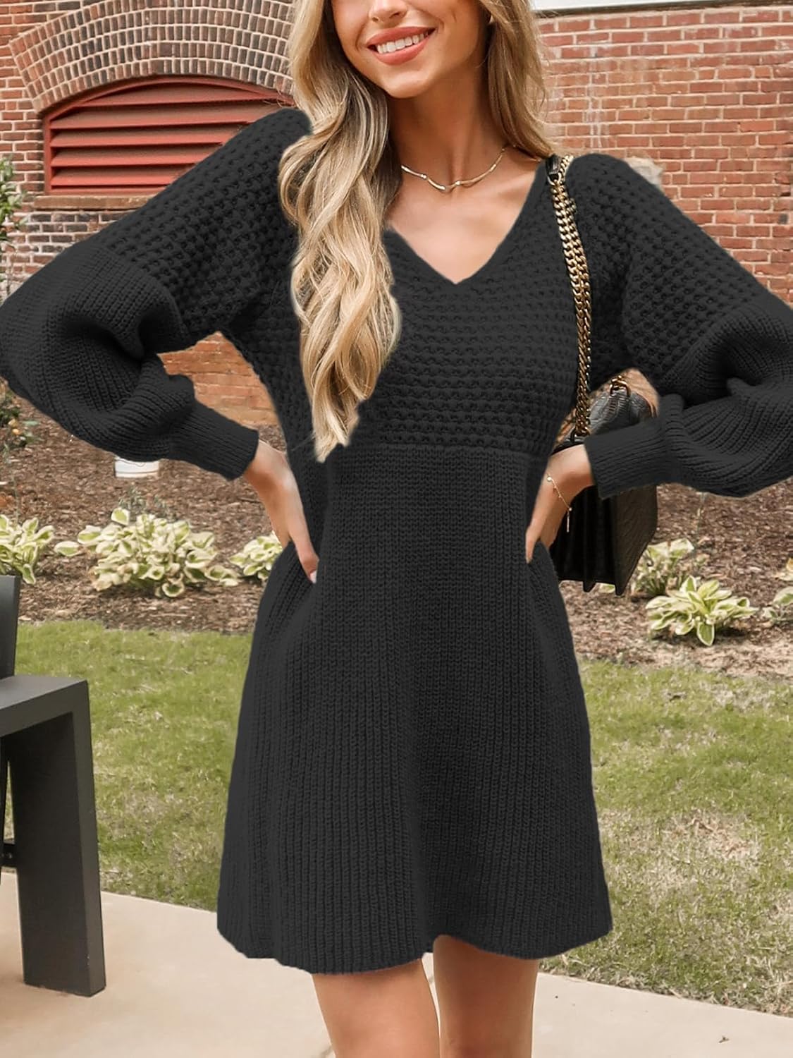 Honeycomb Knit V-Neck Mini Sweater Dress