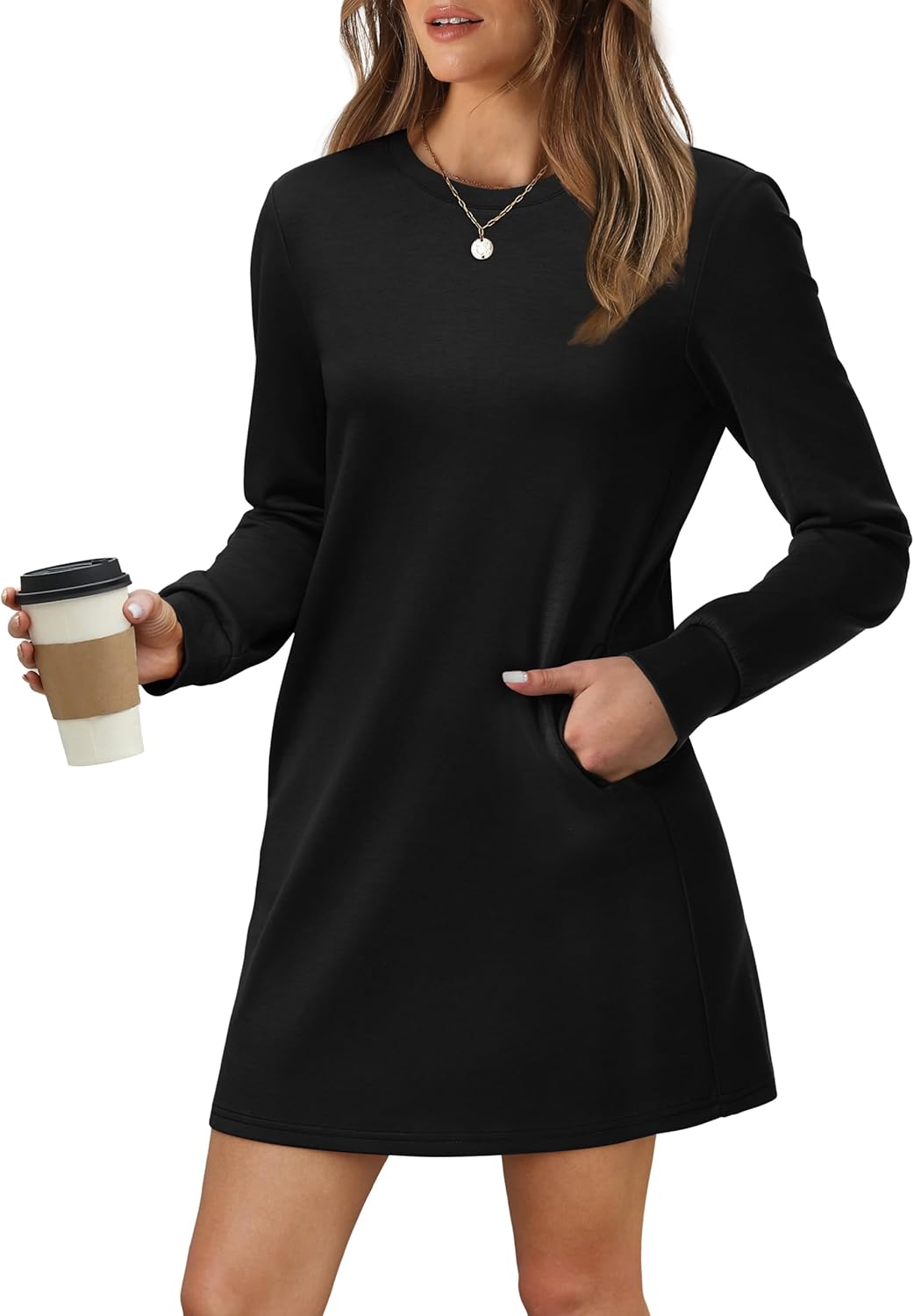 Women Long Sleeve Casual Crewneck Mini Dress with Pockets