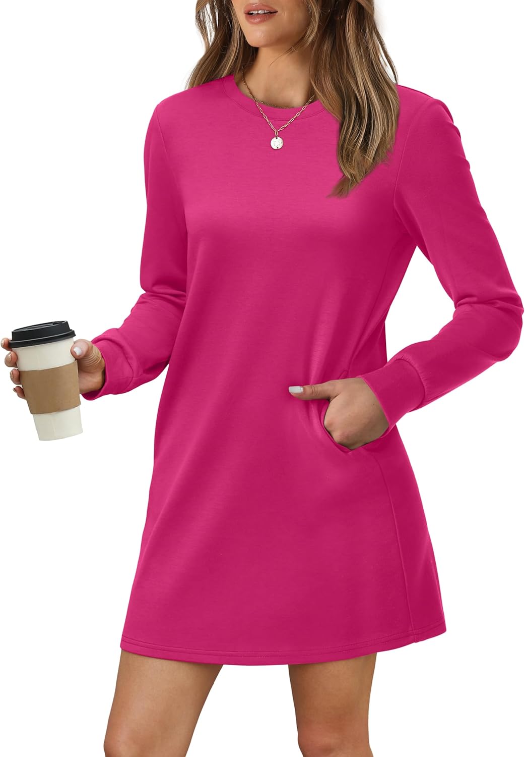 Women Long Sleeve Casual Crewneck Mini Dress with Pockets
