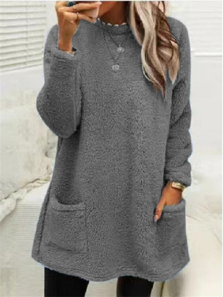 Women's Sweatshirt Pullover Sherpa Fleece Teddy Pocket Marron Blue Purple Solid Color Street Round Neck Long Sleeve Fleece S M L XL 2XL 3XL