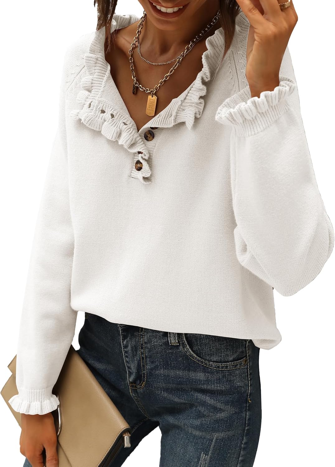 CLEARANCE SALE🔥Ruffle Trim Casual Knit Pullover Tops﻿