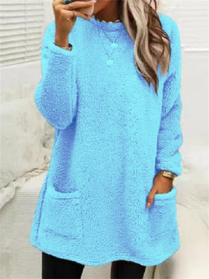 Women's Sweatshirt Pullover Sherpa Fleece Teddy Pocket Marron Blue Purple Solid Color Street Round Neck Long Sleeve Fleece S M L XL 2XL 3XL