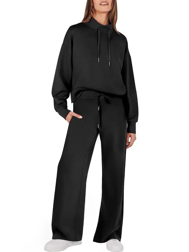 Women's Cotton Two-Piece Oversized Drawstring Sweatshirt Wide Leg Sweatpants Casual Set