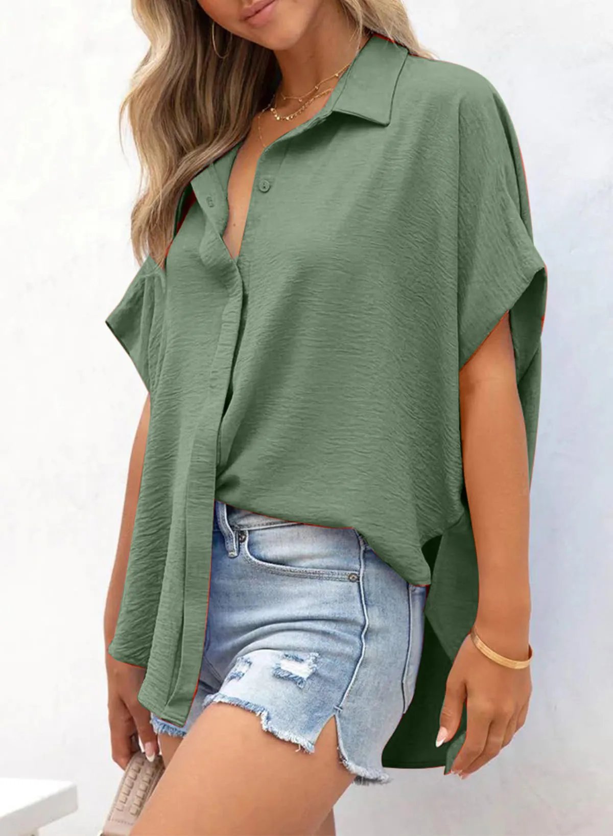 Women's Casual Button Short Sleeve Slit Hem Shirt Solid Color Tops