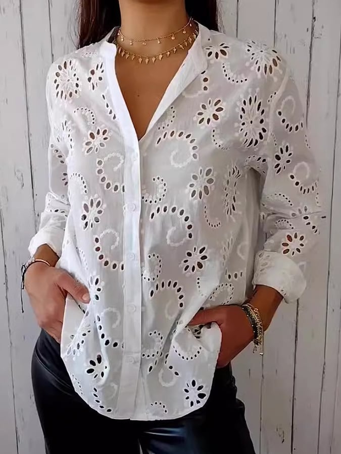 Women's Solid Color V-Neck Hollow Design Casual Shirt