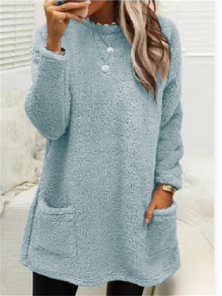 Women's Sweatshirt Pullover Sherpa Fleece Teddy Pocket Marron Blue Purple Solid Color Street Round Neck Long Sleeve Fleece S M L XL 2XL 3XL