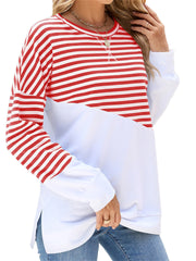 Women's New Fall and Winter Solid Color Round Neck Hit Color Striped Long-sleeved Sweater T-shirt
