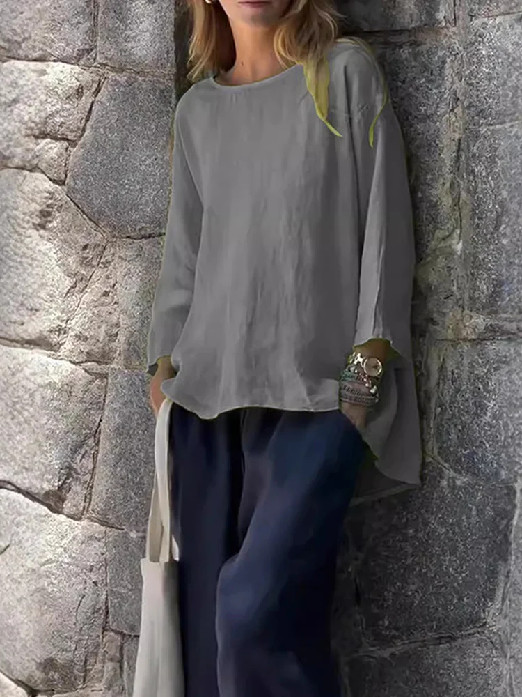 Usphonecards - Women Solid Color Cotton And Linen Long Sleeve Shirt