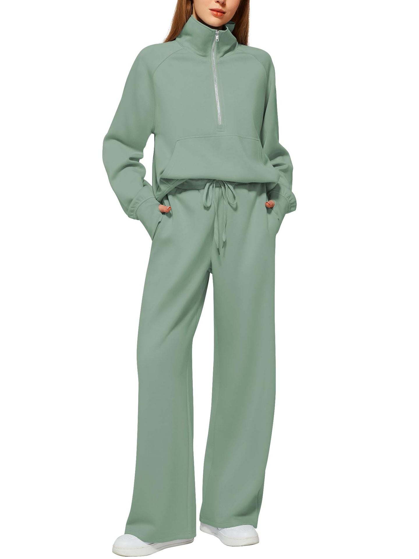 2024 Oversized Half Zip Sweatshirt Wide Leg Sweatpant Set Sweatsuit Tracksuit