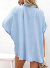 Women's Casual Button Short Sleeve Slit Hem Shirt Solid Color Tops