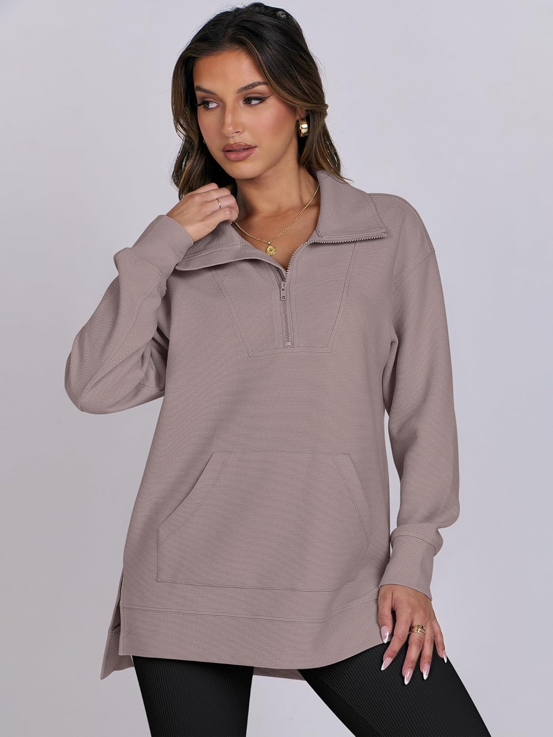 Oversized High Neck Half Zip Knit Sweatshirts