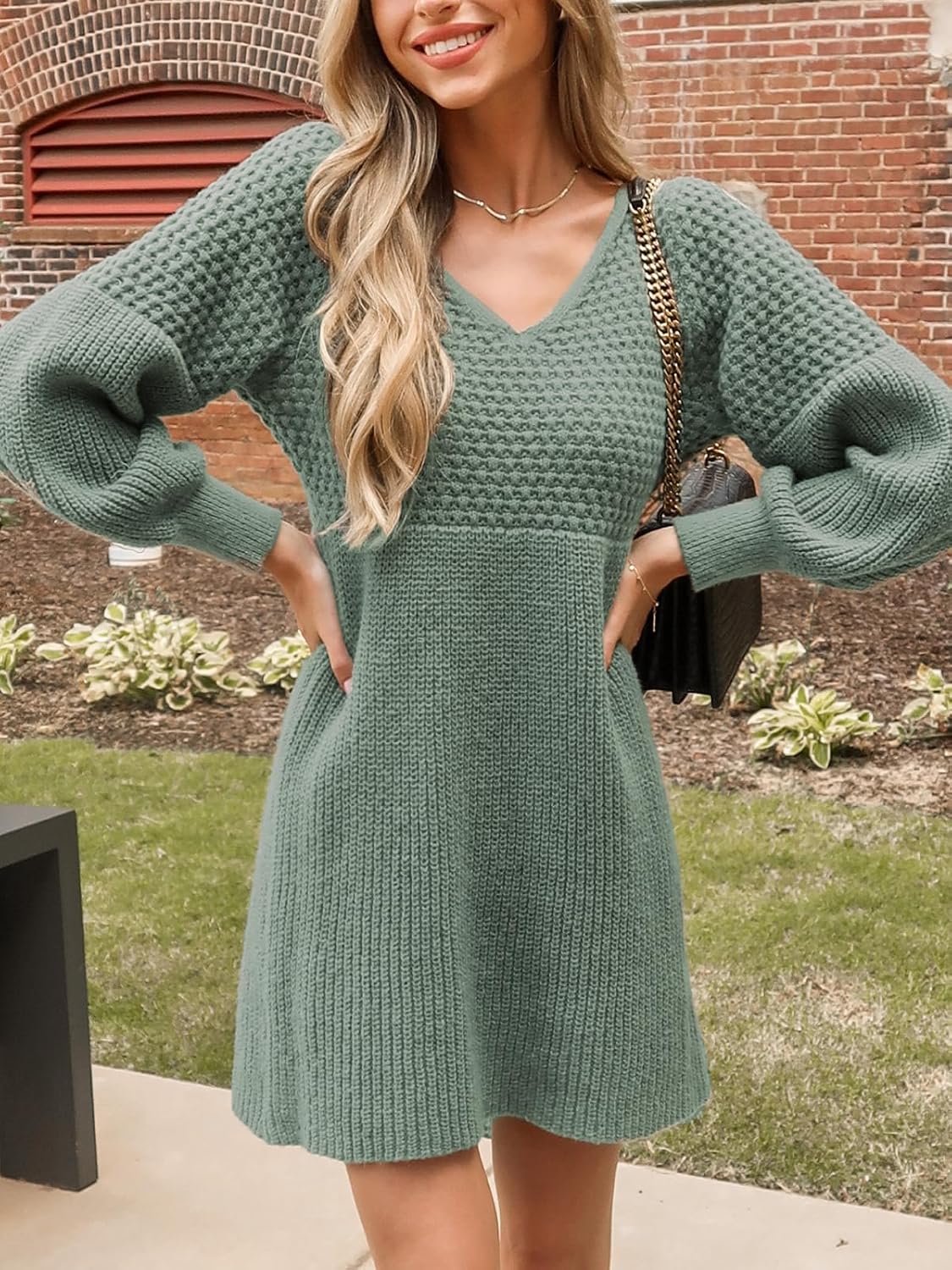 Honeycomb Knit V-Neck Mini Sweater Dress