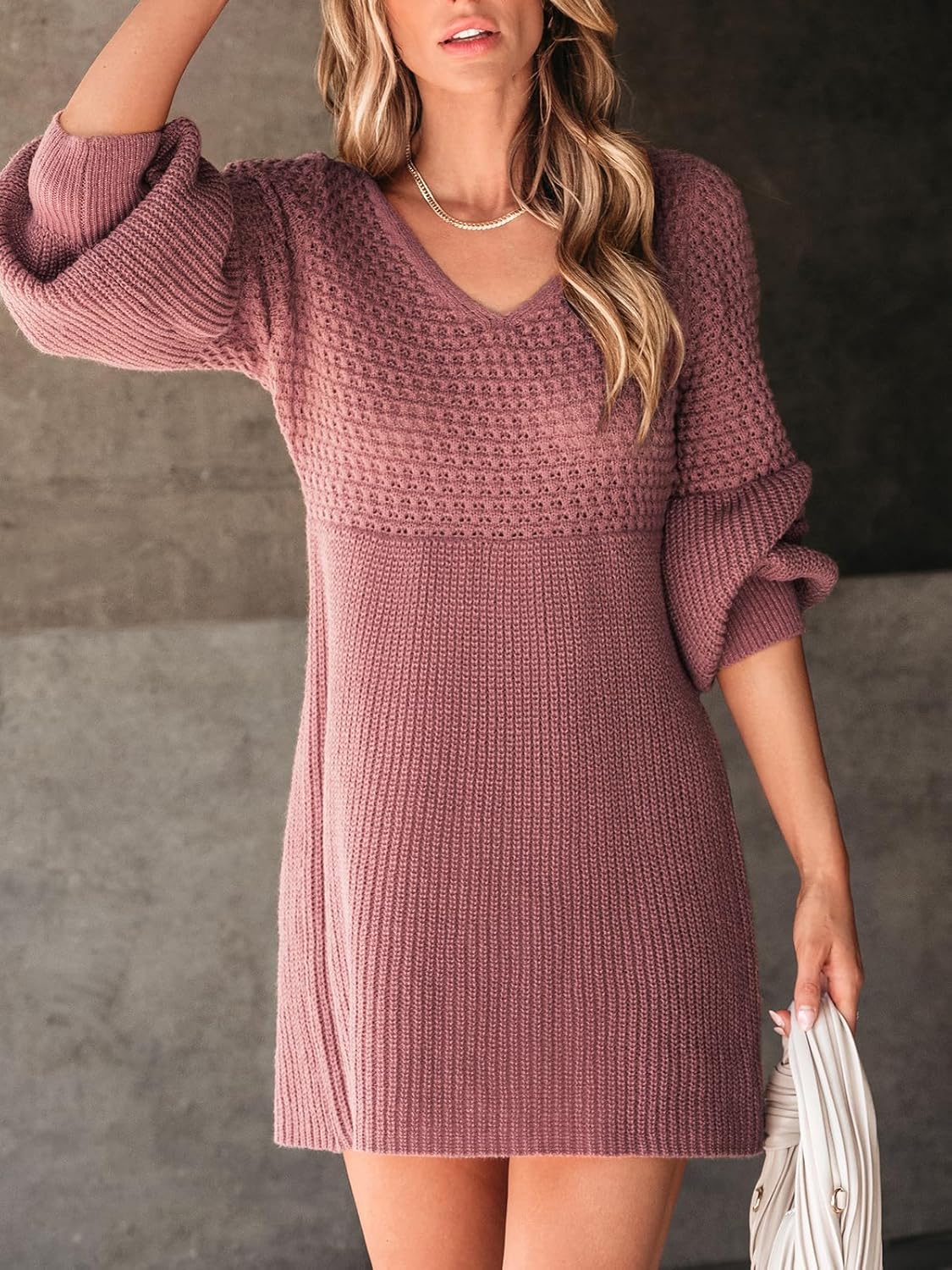 Honeycomb Knit V-Neck Mini Sweater Dress