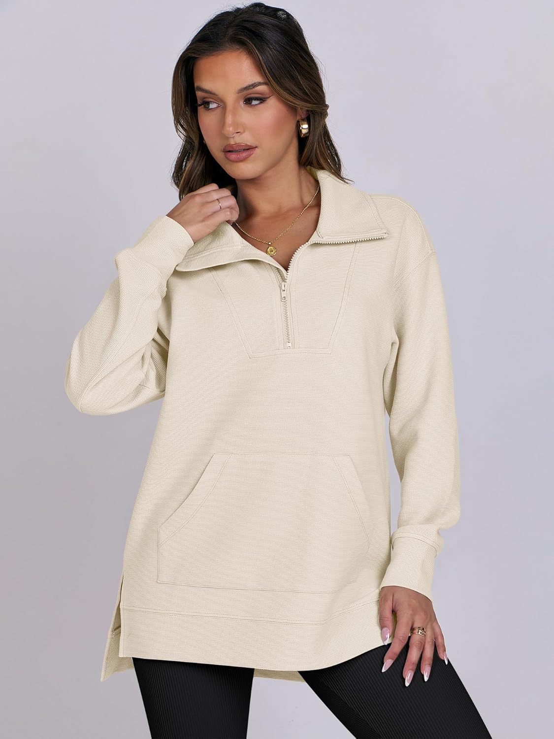 Oversized High Neck Half Zip Knit Sweatshirts