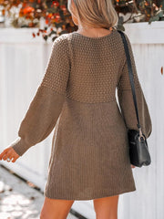 Honeycomb Knit V-Neck Mini Sweater Dress