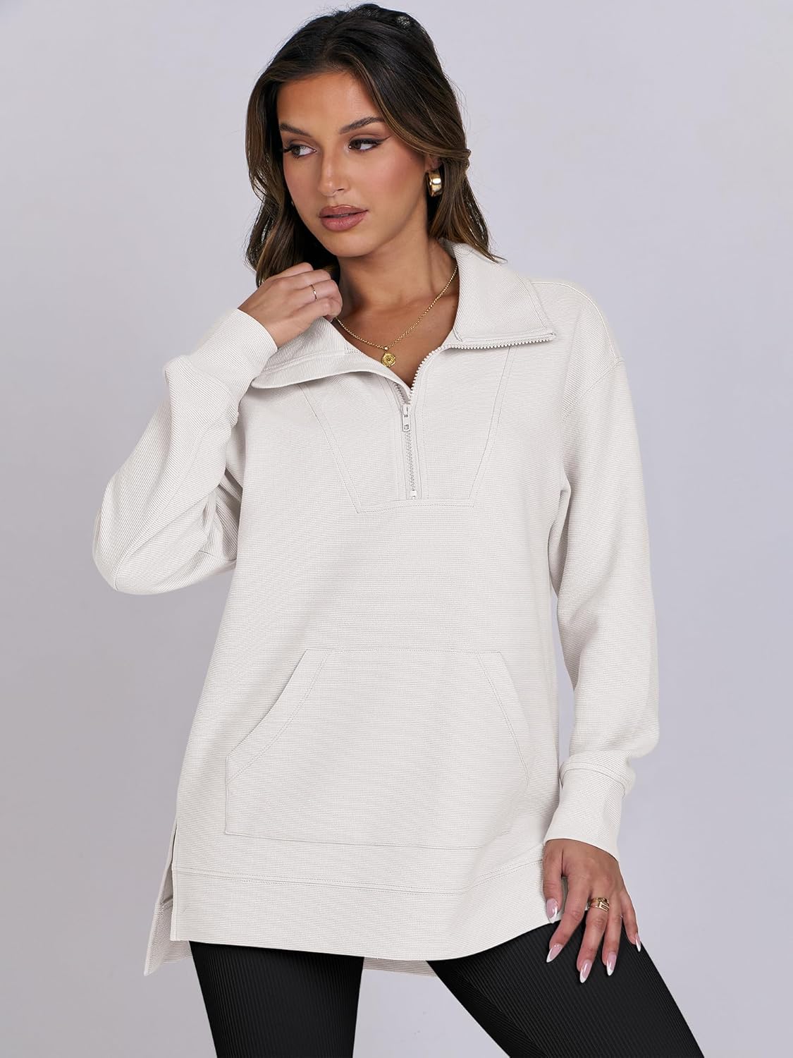 Oversized High Neck Half Zip Knit Sweatshirts