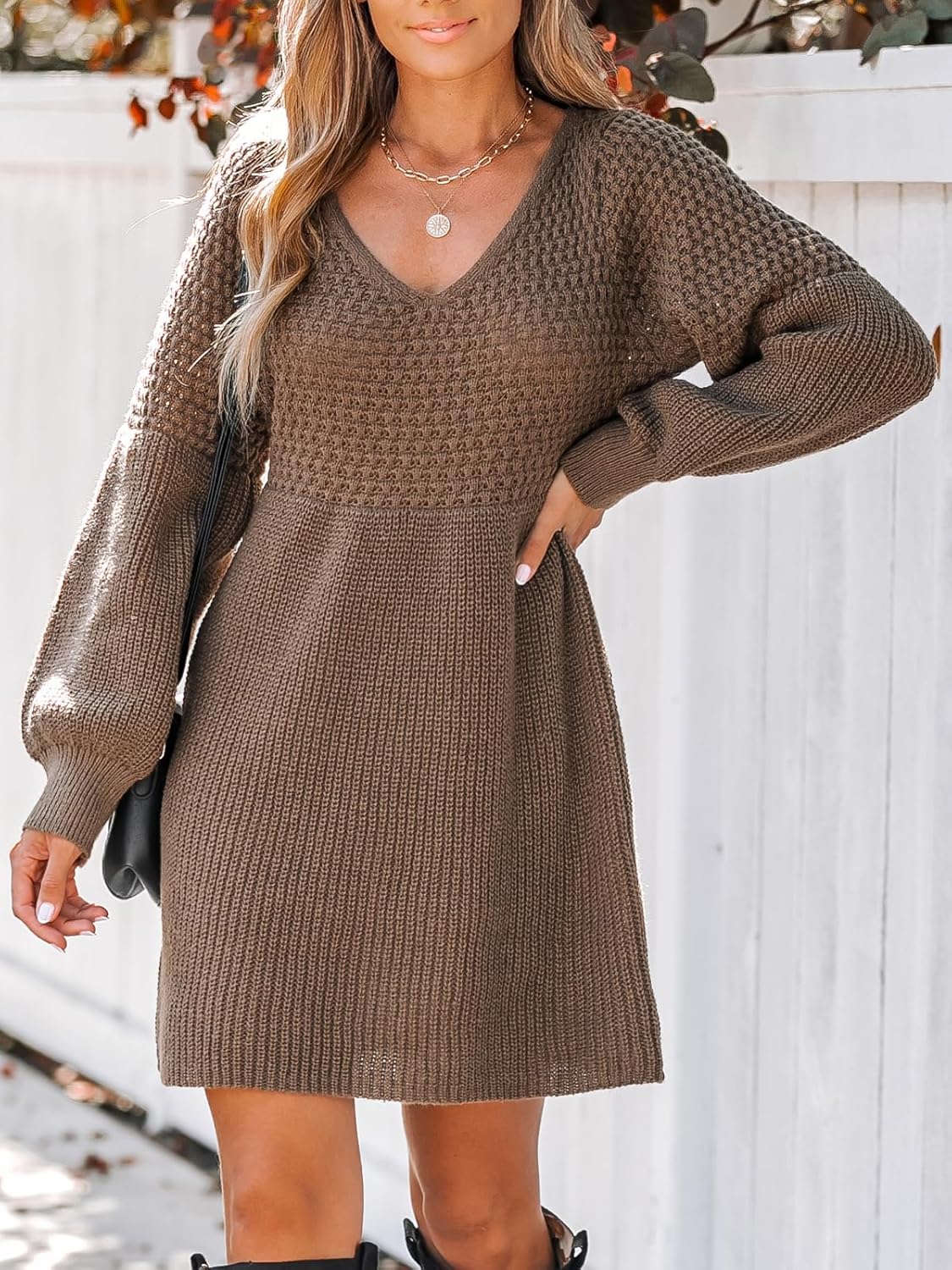 Honeycomb Knit V-Neck Mini Sweater Dress