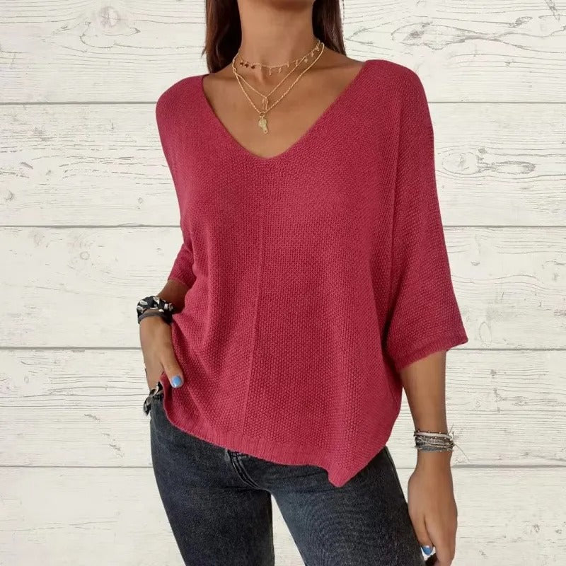 V-neck knitted casual pullover top