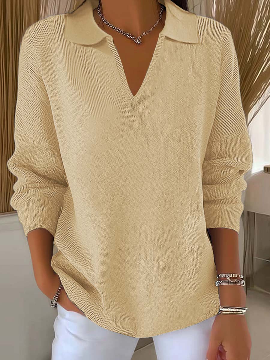 Women's Lapel Long Sleeve Solid Color Casual Sweater