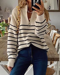 Striped Pattern Quarter Zipper Drop Shoulder Sweater Pullover