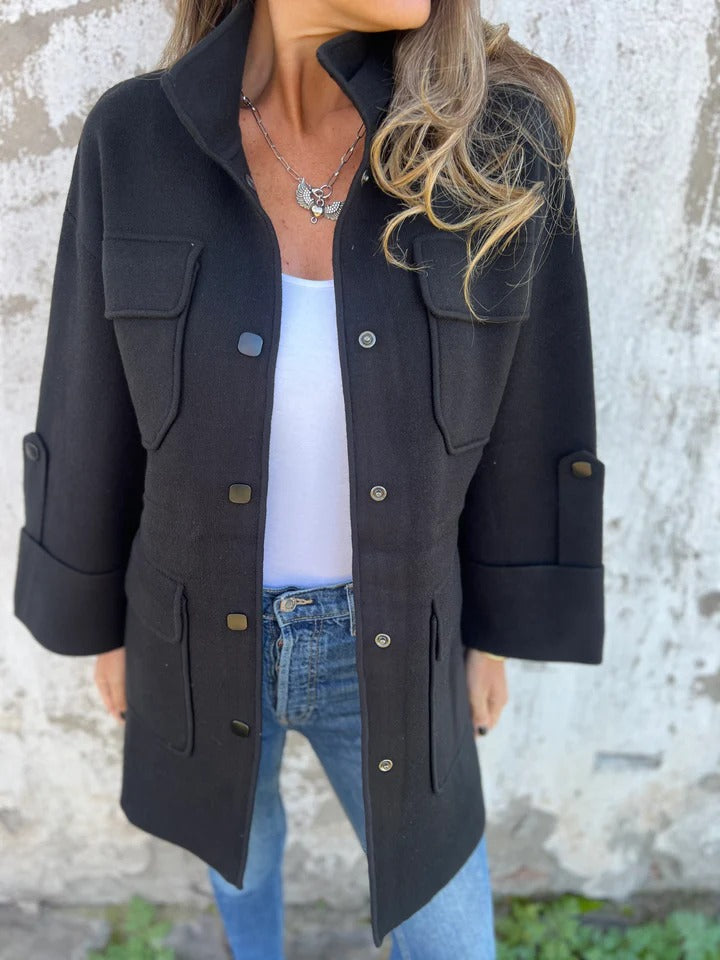 Casual Button-up Stand Collar Multi-Pocket Wool Jacket