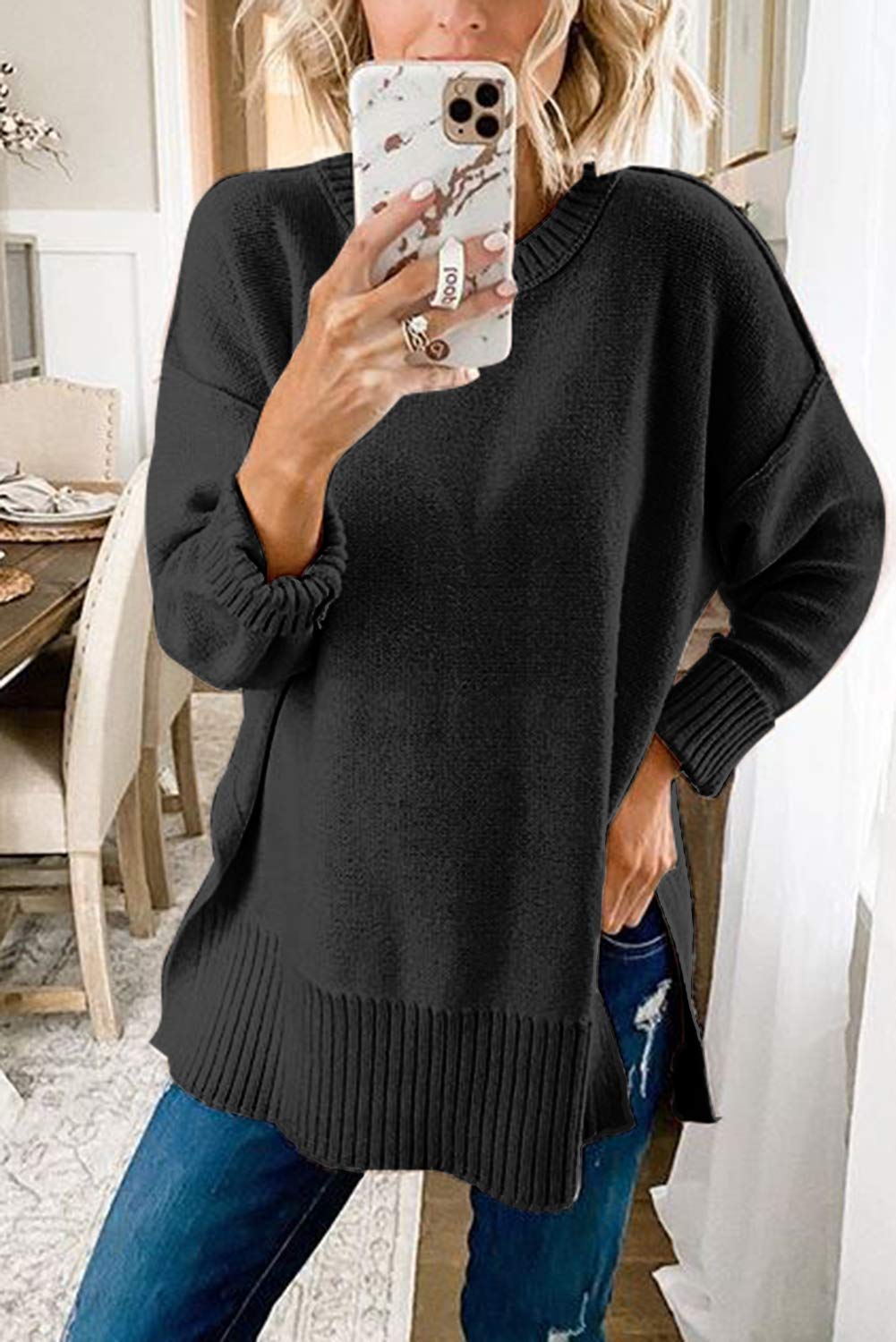 Women's Casual Crew Neck Side Split Pullover Sweater