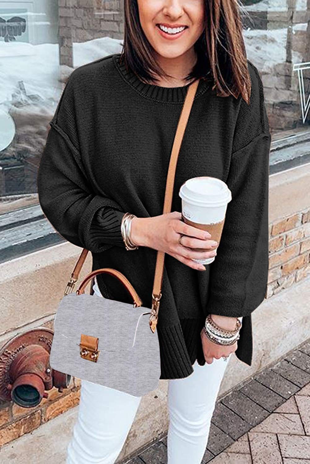 Women's Casual Crew Neck Side Split Pullover Sweater