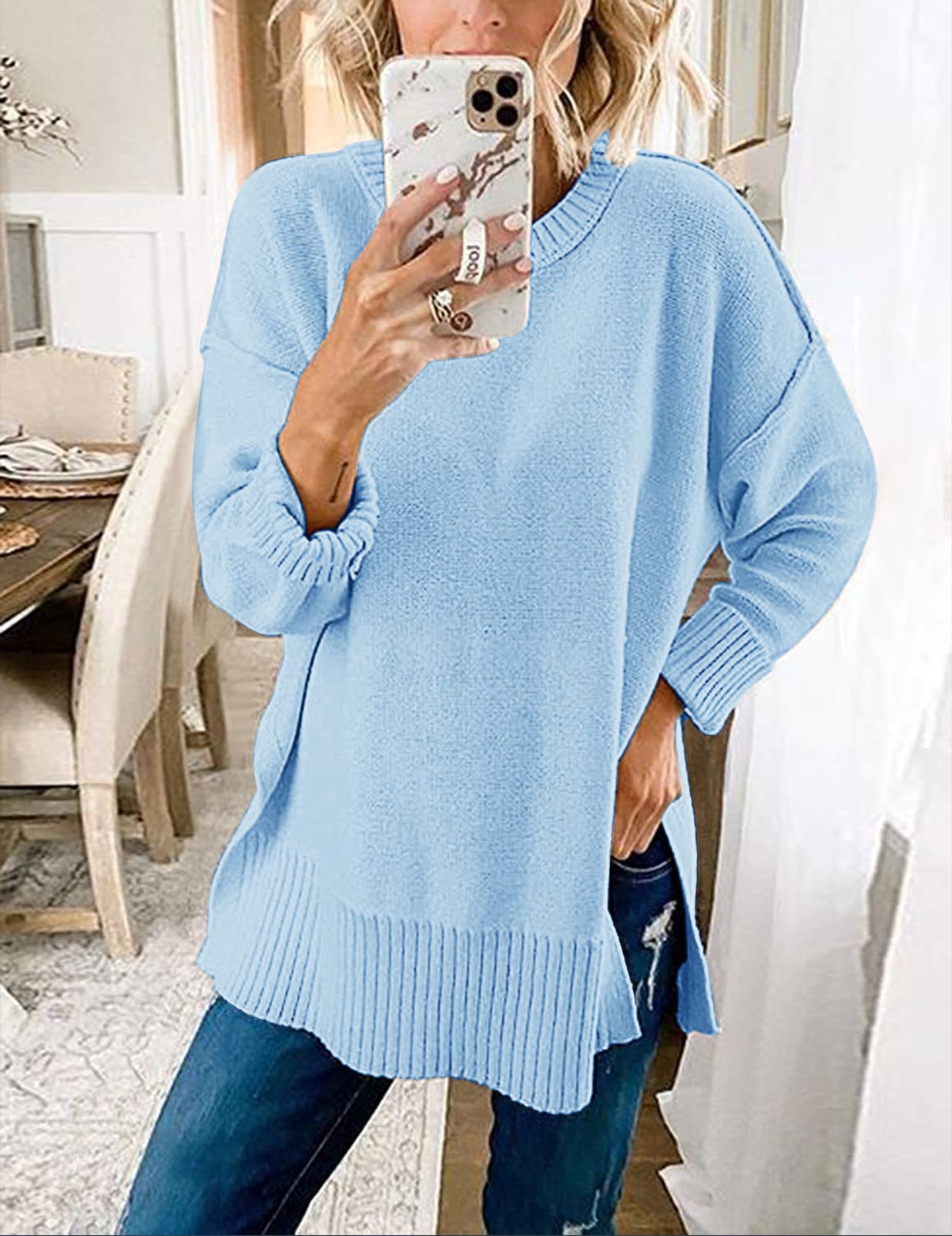 Women's Casual Crew Neck Side Split Pullover Sweater