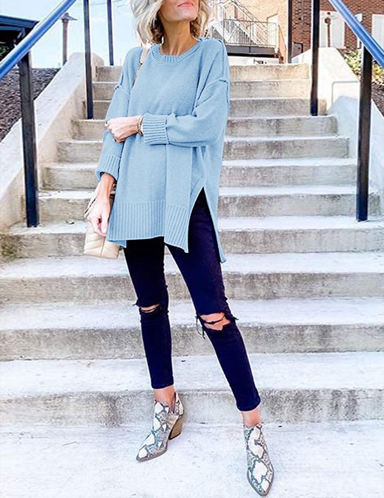 Women's Casual Crew Neck Side Split Pullover Sweater