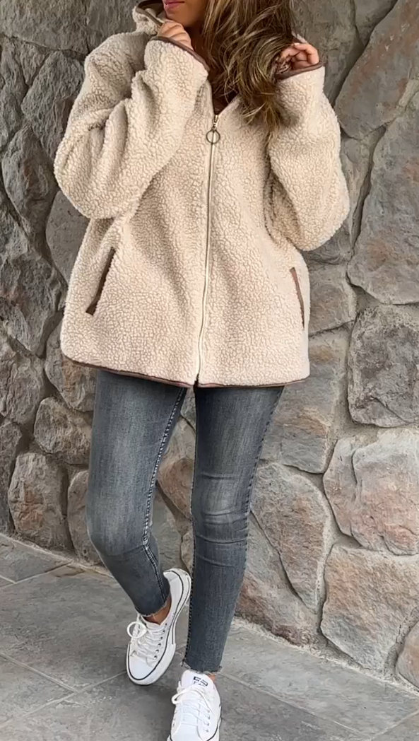 Short Hoodie Winter Coat Warm Plush Fleece Zipper Casual Coat Top