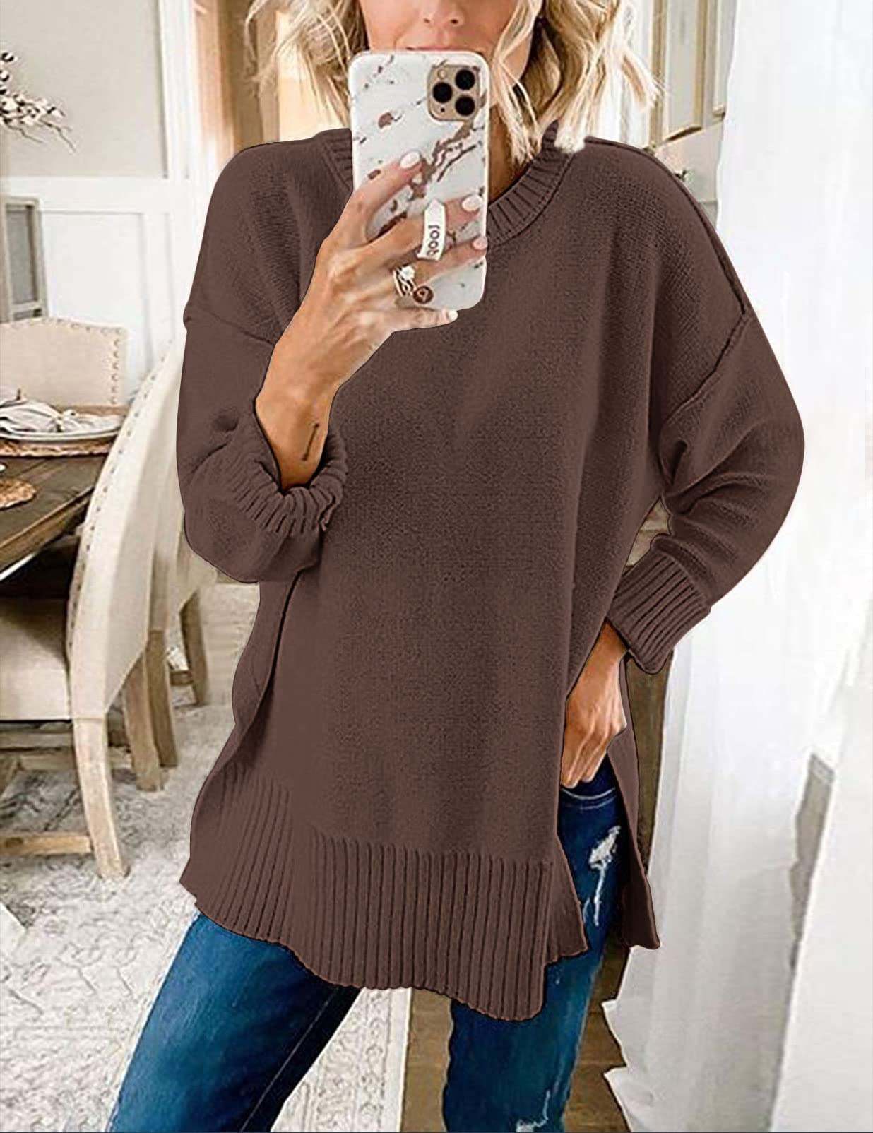 Women's Casual Crew Neck Side Split Pullover Sweater