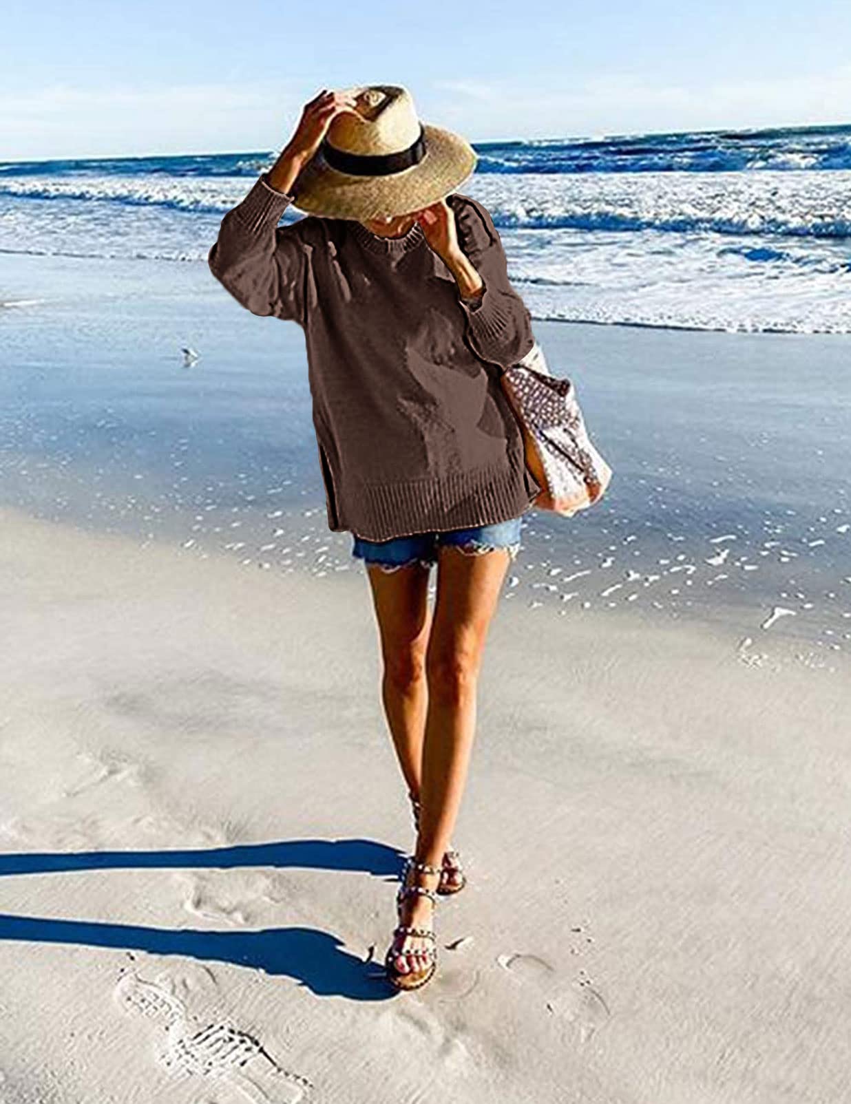 Women's Casual Crew Neck Side Split Pullover Sweater