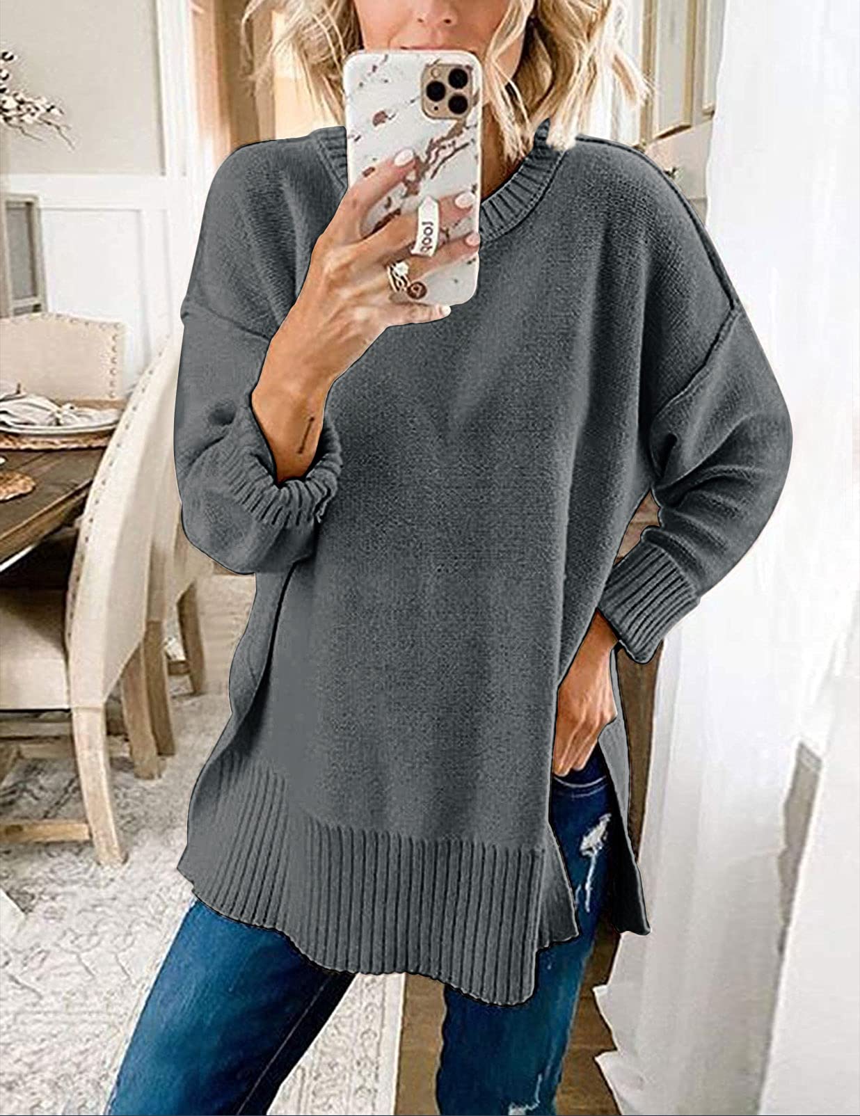 Women's Casual Crew Neck Side Split Pullover Sweater